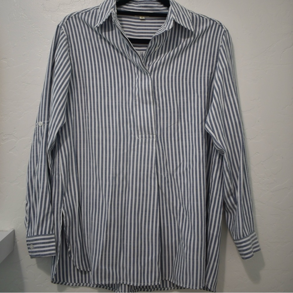 Max Studio London Blue & White Striped Button-Up Tunic Top | Beach Cover Up | XS